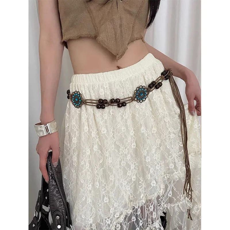 2 PCS Sapphire Wood Beads Ethnic Style Waist Chain - Beaded Bohemian Belt for Women