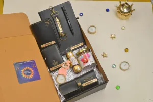 2024 Diwali Combo 5.0 (Classy Hardcover Diary   Faux Leather Keychain with Hook    Faux Leather Passport Cover    Faux Leather Eyewear   Unisex Sleek Wallet   Ferrero Rocher   Diya   Dryfruit Jar  Classic Metal Pen) - Black