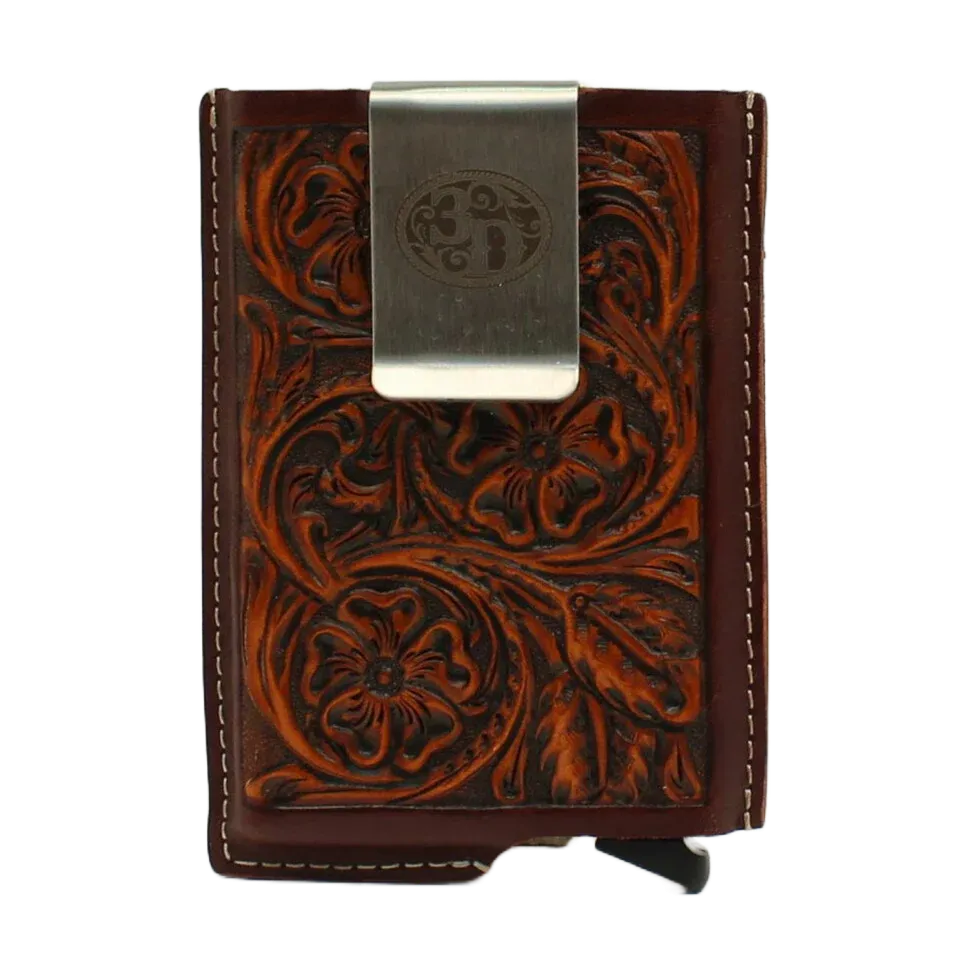 3-D Leather Logo Tooled Brown Smart Wallet