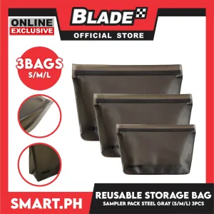 3pcs Zippies Reusable Standup Storage Bag Small, Medium And Large (Steel Grey) BPA Free, Practical, Versatile And Functional