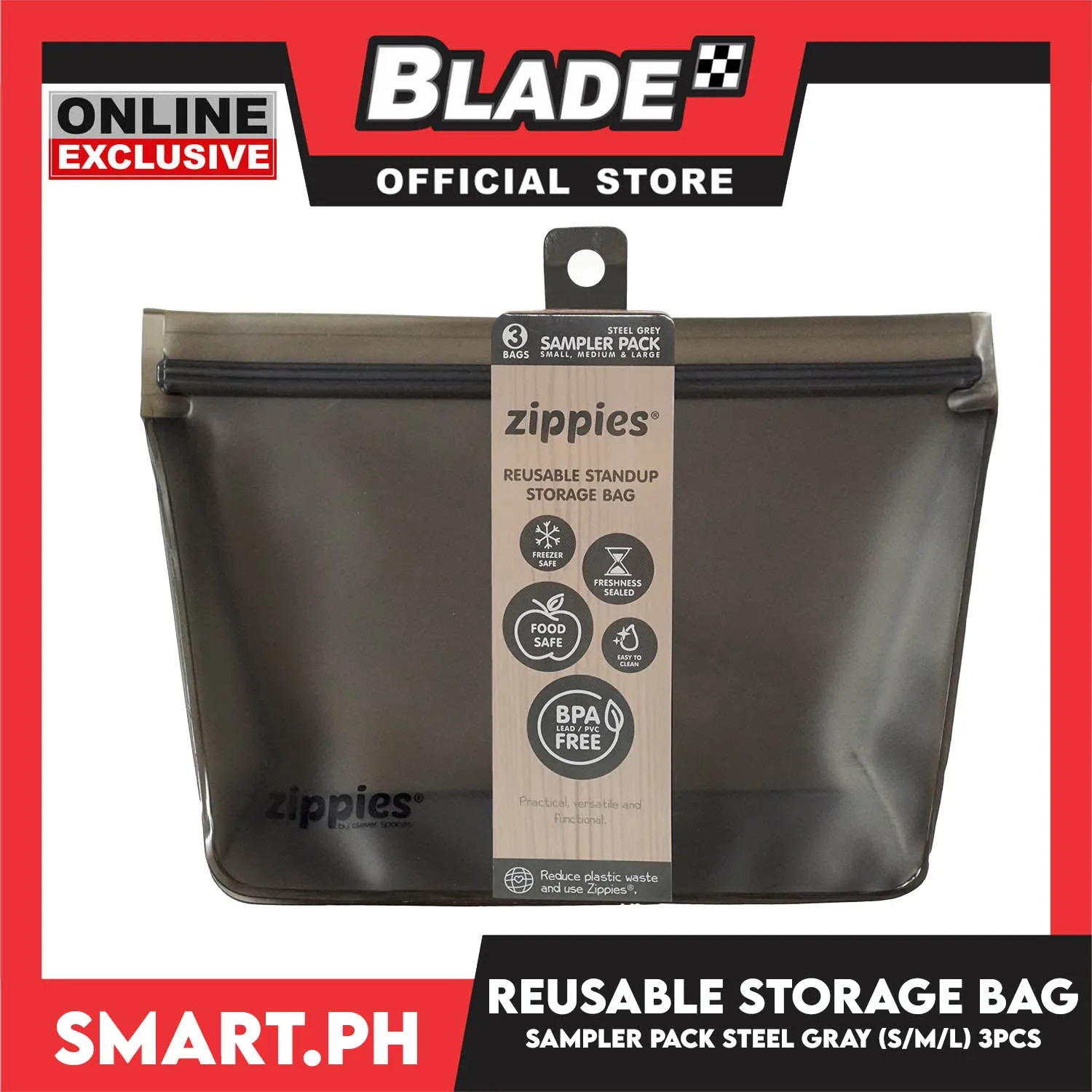 3pcs Zippies Reusable Standup Storage Bag Small, Medium And Large (Steel Grey) BPA Free, Practical, Versatile And Functional