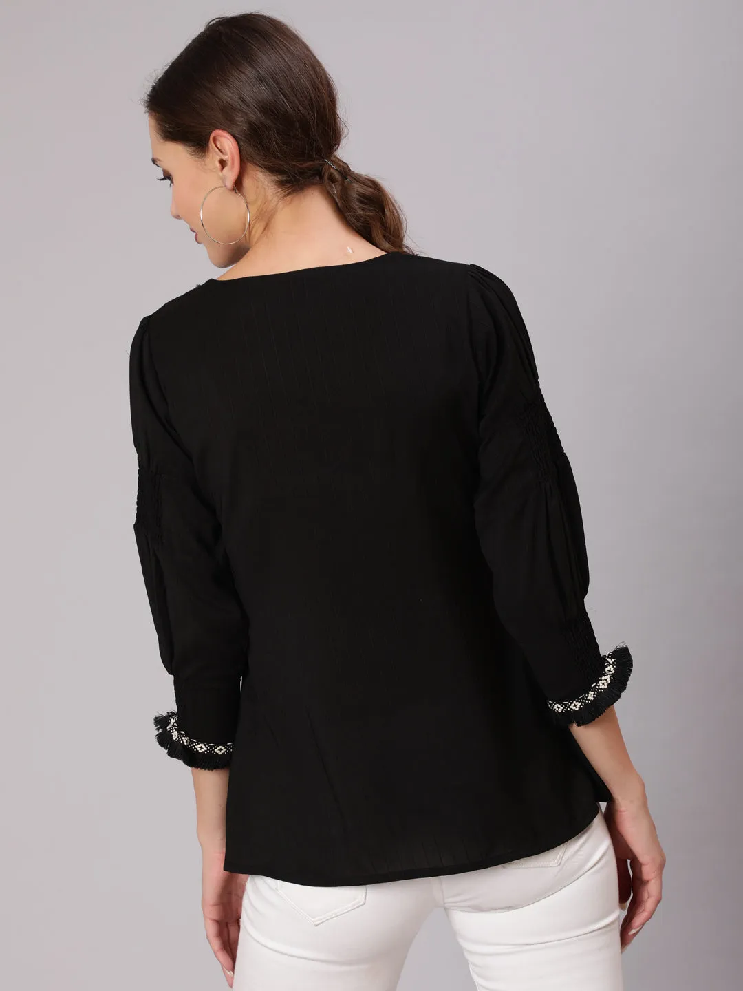 A Black Poly Silk Lace Embellished Top With Smocked Sleeves