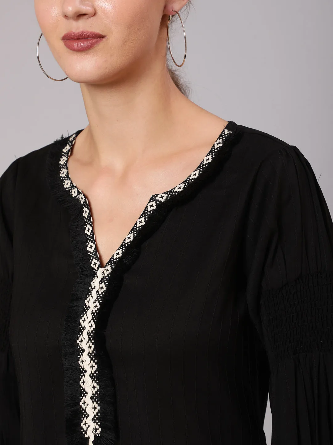 A Black Poly Silk Lace Embellished Top With Smocked Sleeves