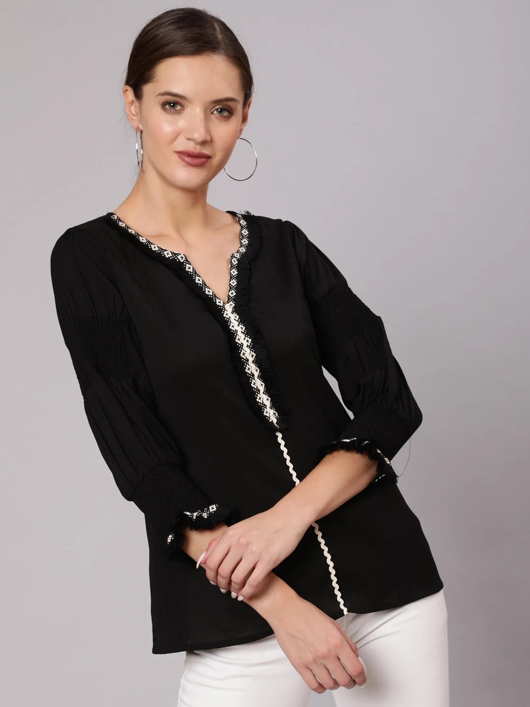 A Black Poly Silk Lace Embellished Top With Smocked Sleeves