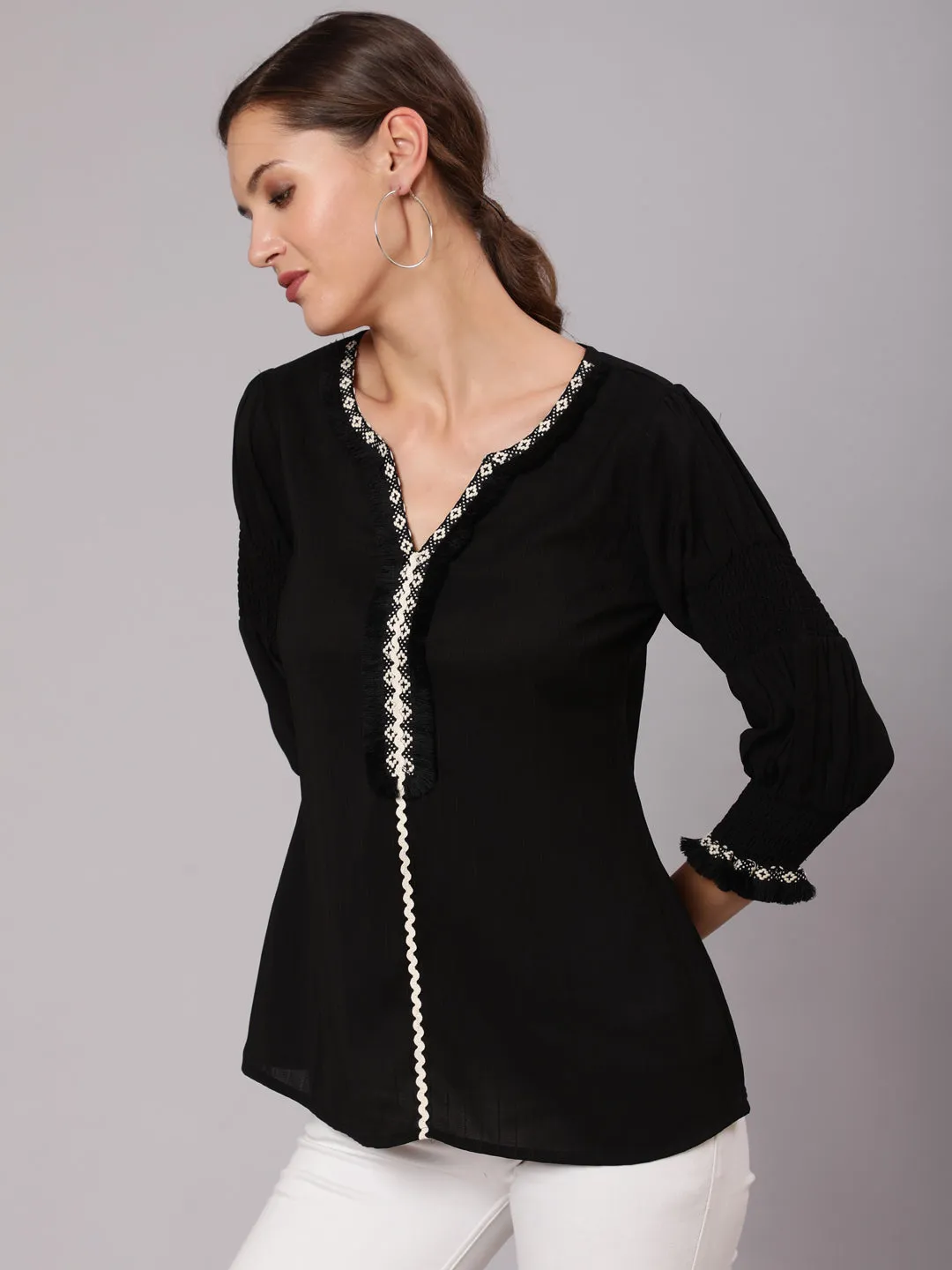 A Black Poly Silk Lace Embellished Top With Smocked Sleeves