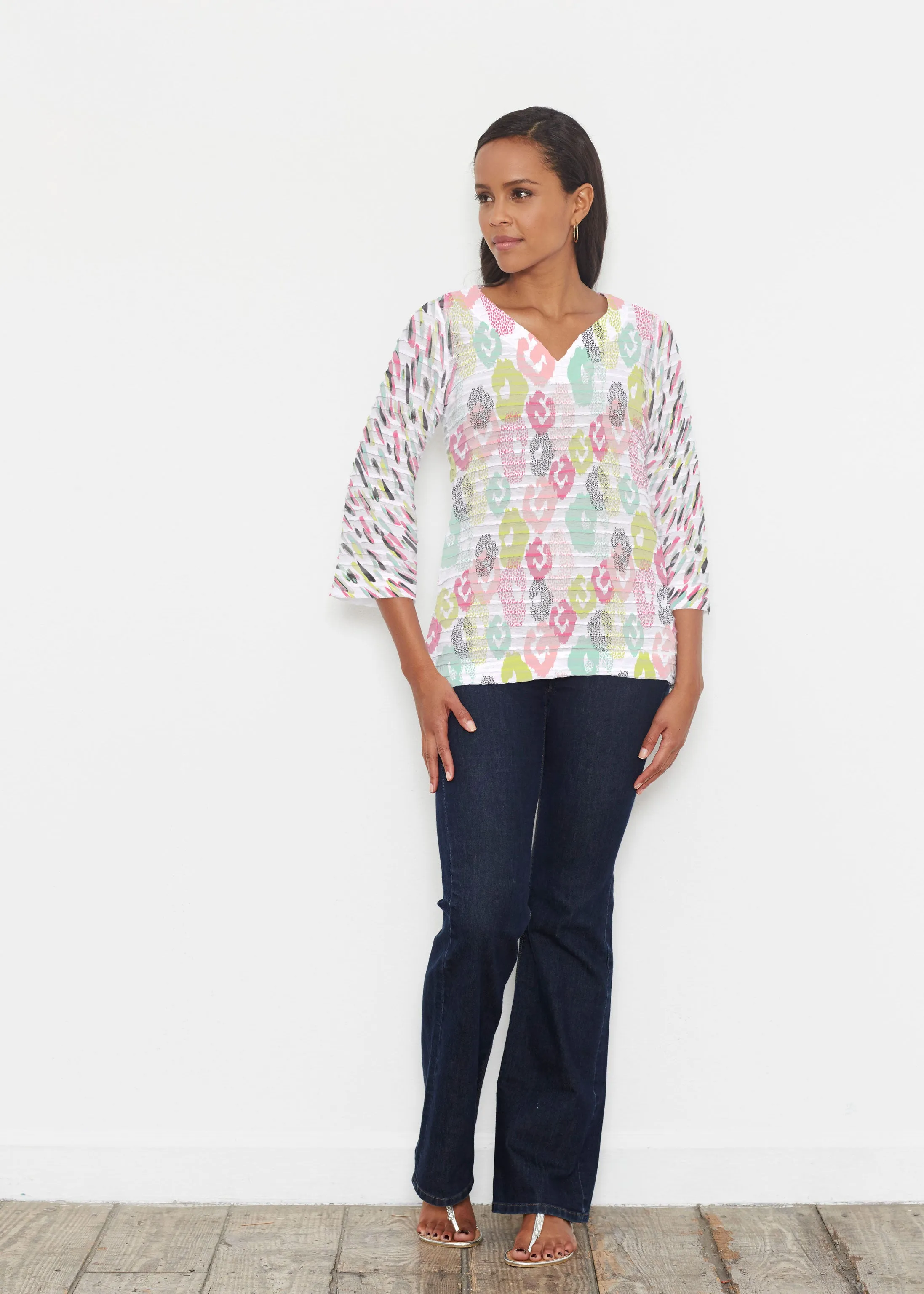 Abstract Pastel Ikat (7813) ~ Banded 3/4 Bell-Sleeve V-Neck Tunic