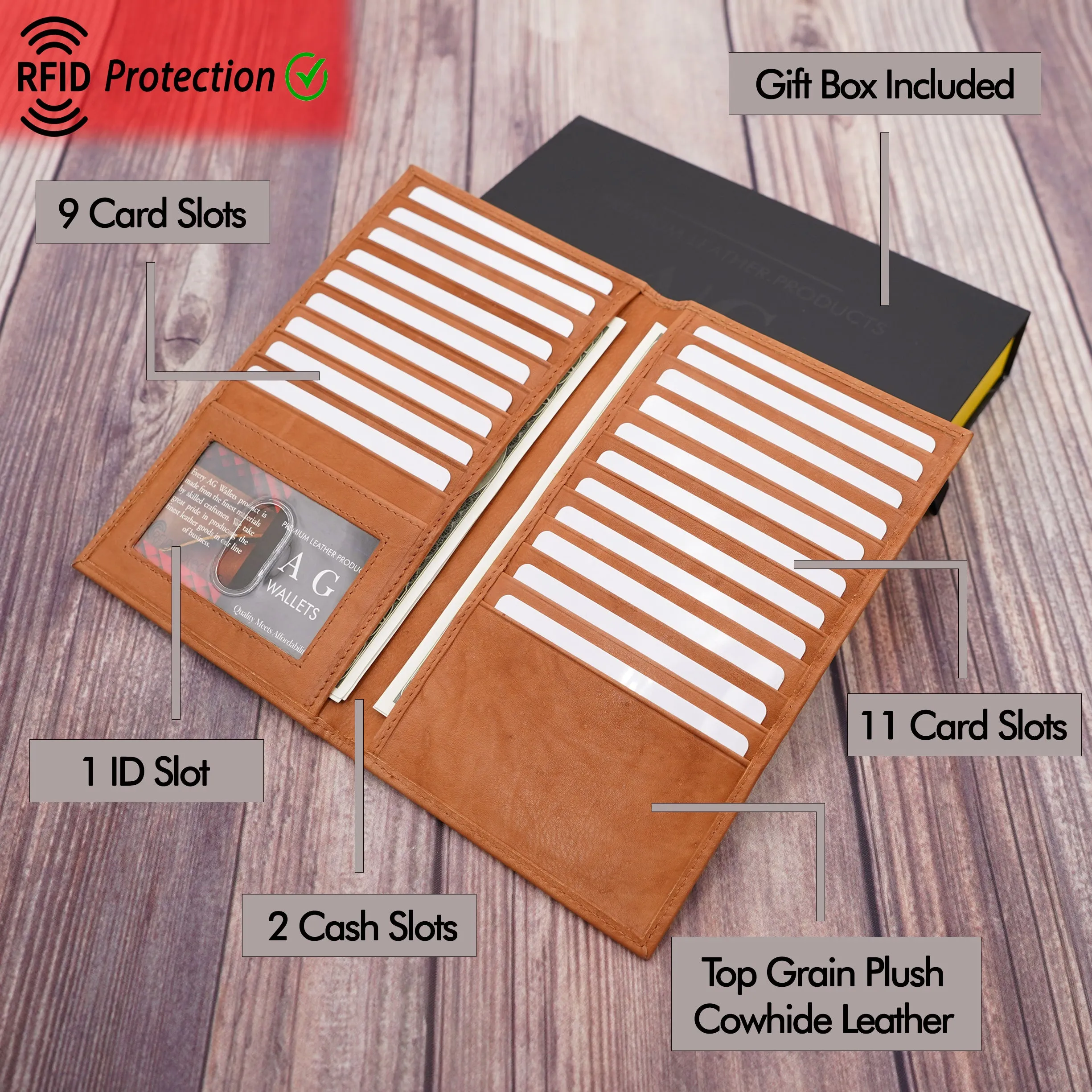AG Wallets RFID Full Grain Napa Cowhide Leather Credit Card Organizer Long Wallet, Holds Up To 20 Cards, 2 Side Cash Slots