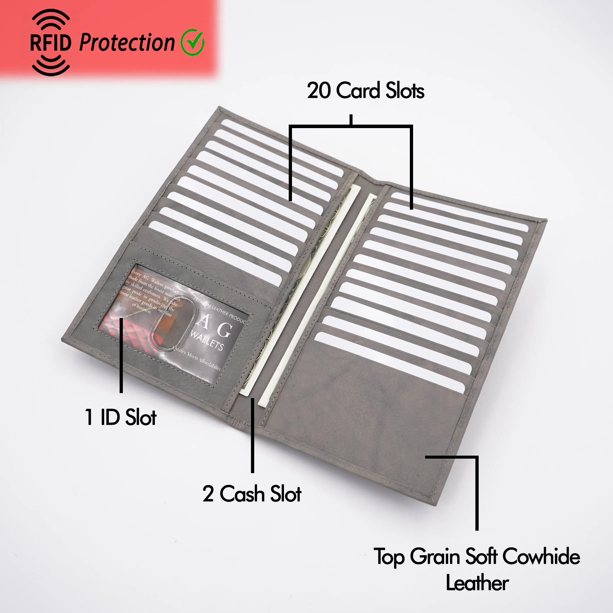 AG Wallets RFID Full Grain Napa Cowhide Leather Credit Card Organizer Long Wallet, Holds Up To 20 Cards, 2 Side Cash Slots