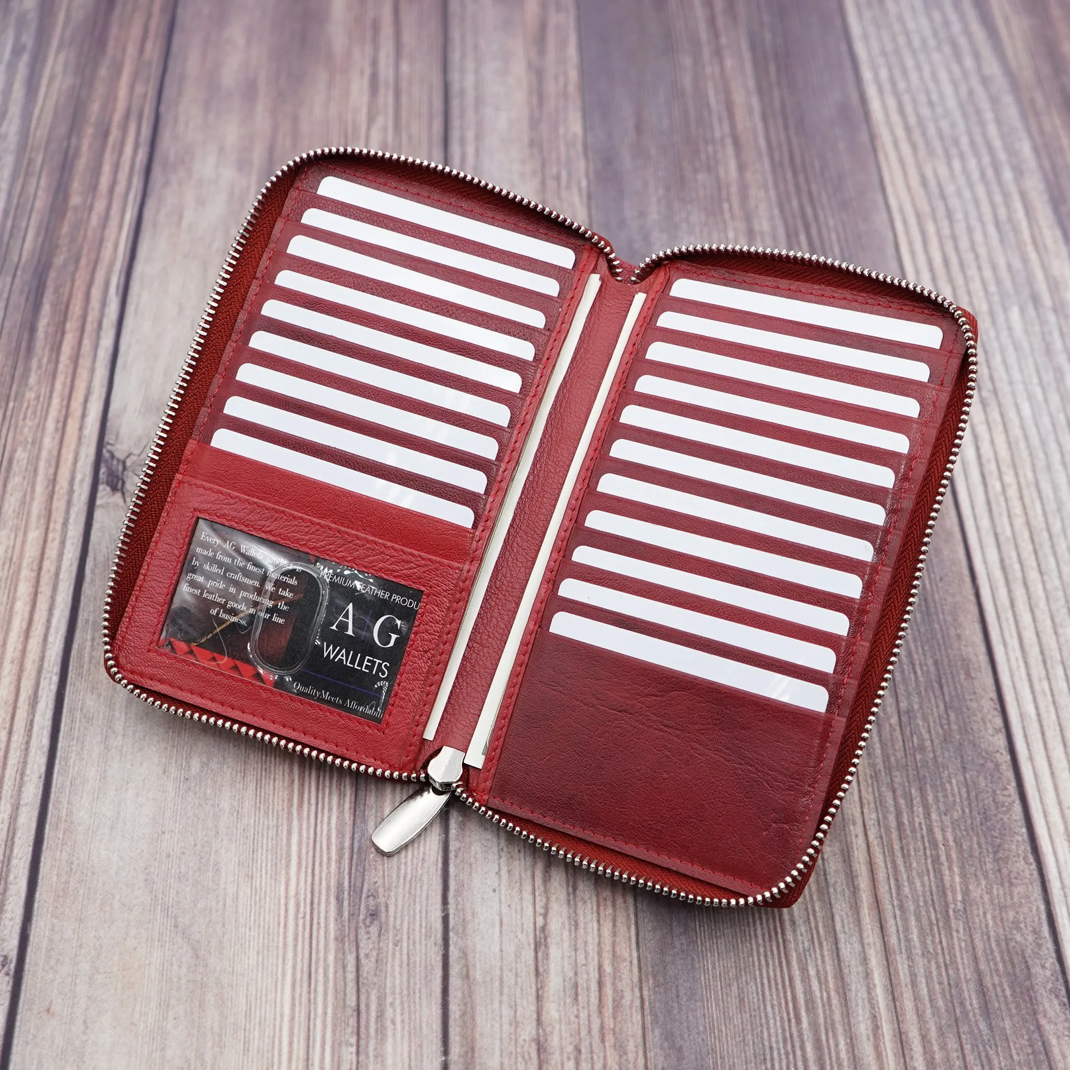 AG Wallets Soft Napa Leather RFID Safe 20 Credit Card Holder Zipper Slim Bifold Wallet & Organizer
