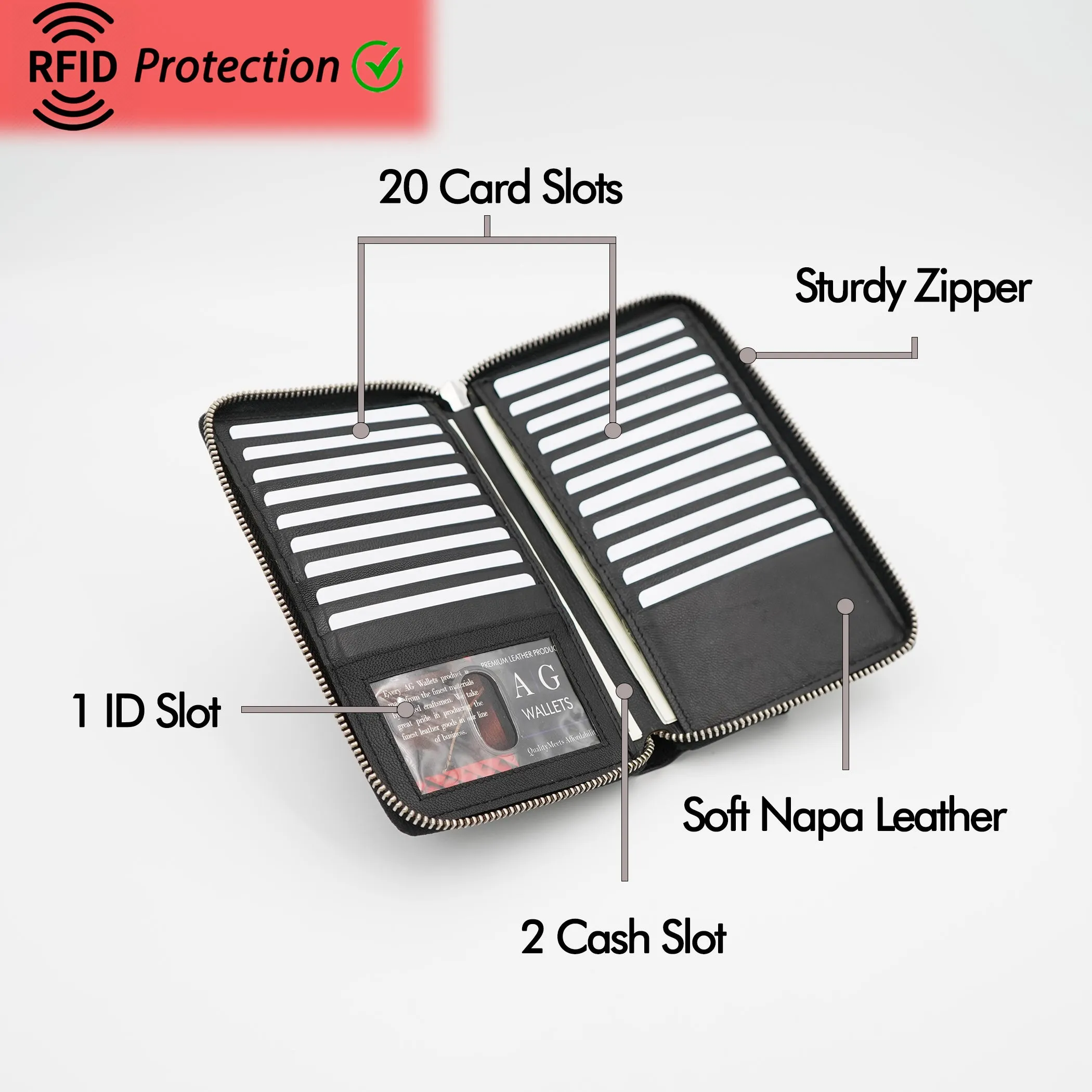 AG Wallets Soft Napa Leather RFID Safe 20 Credit Card Holder Zipper Slim Bifold Wallet & Organizer