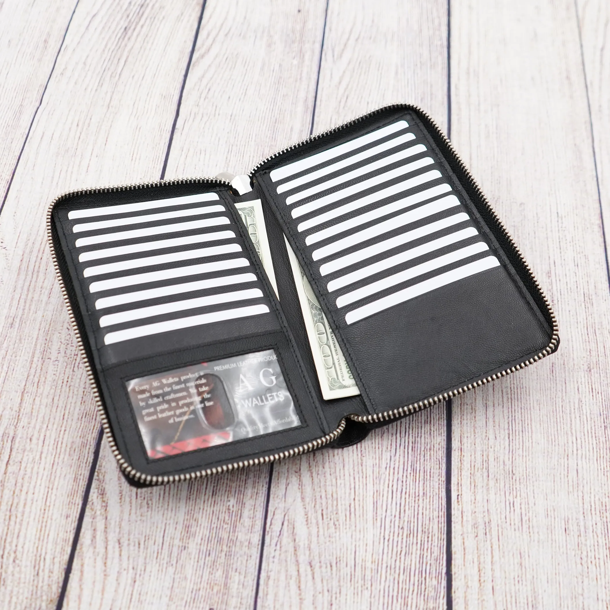 AG Wallets Soft Napa Leather RFID Safe 20 Credit Card Holder Zipper Slim Bifold Wallet & Organizer