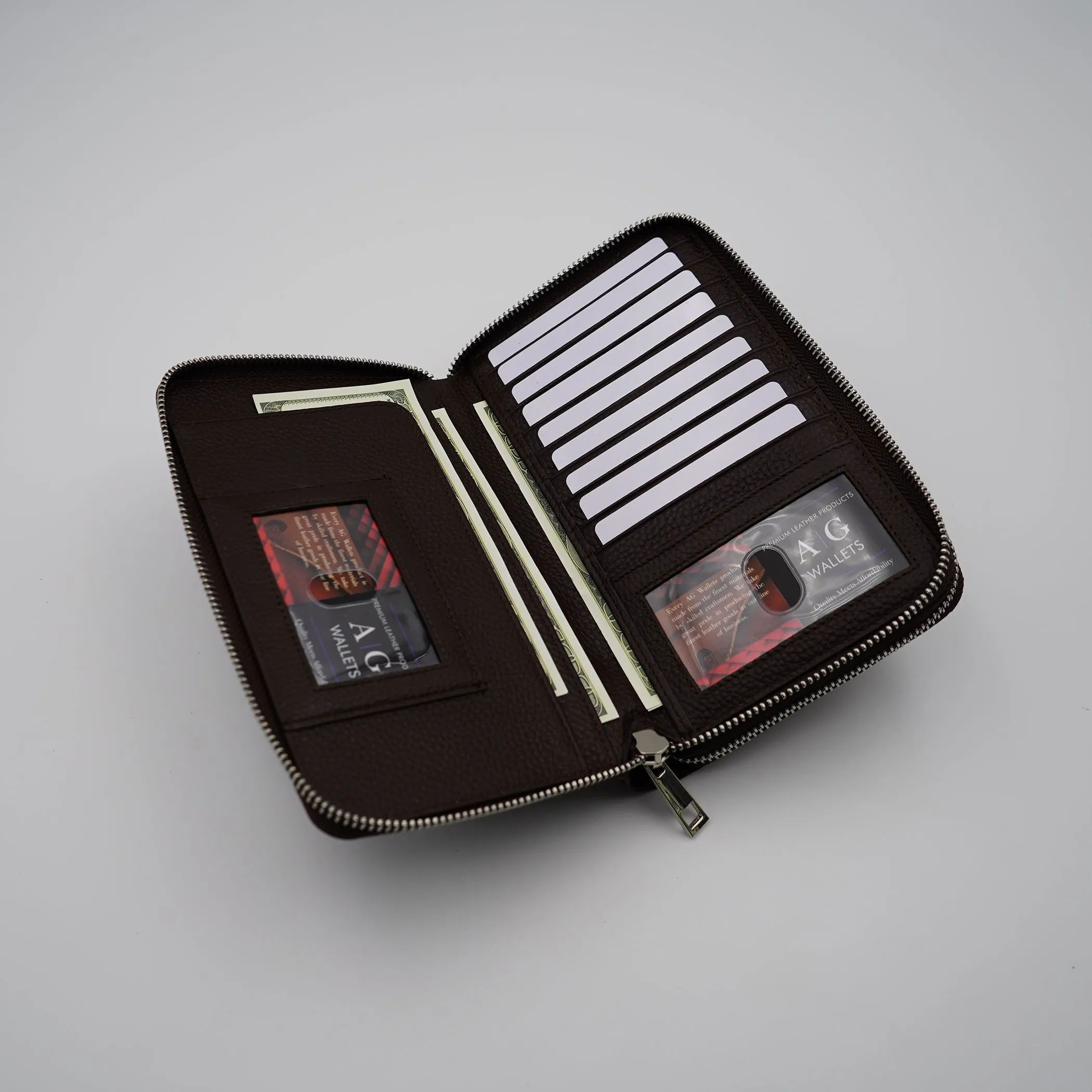 AG Wallets Women's Double Zipper Leather Large Capacity RFID Wristlet
