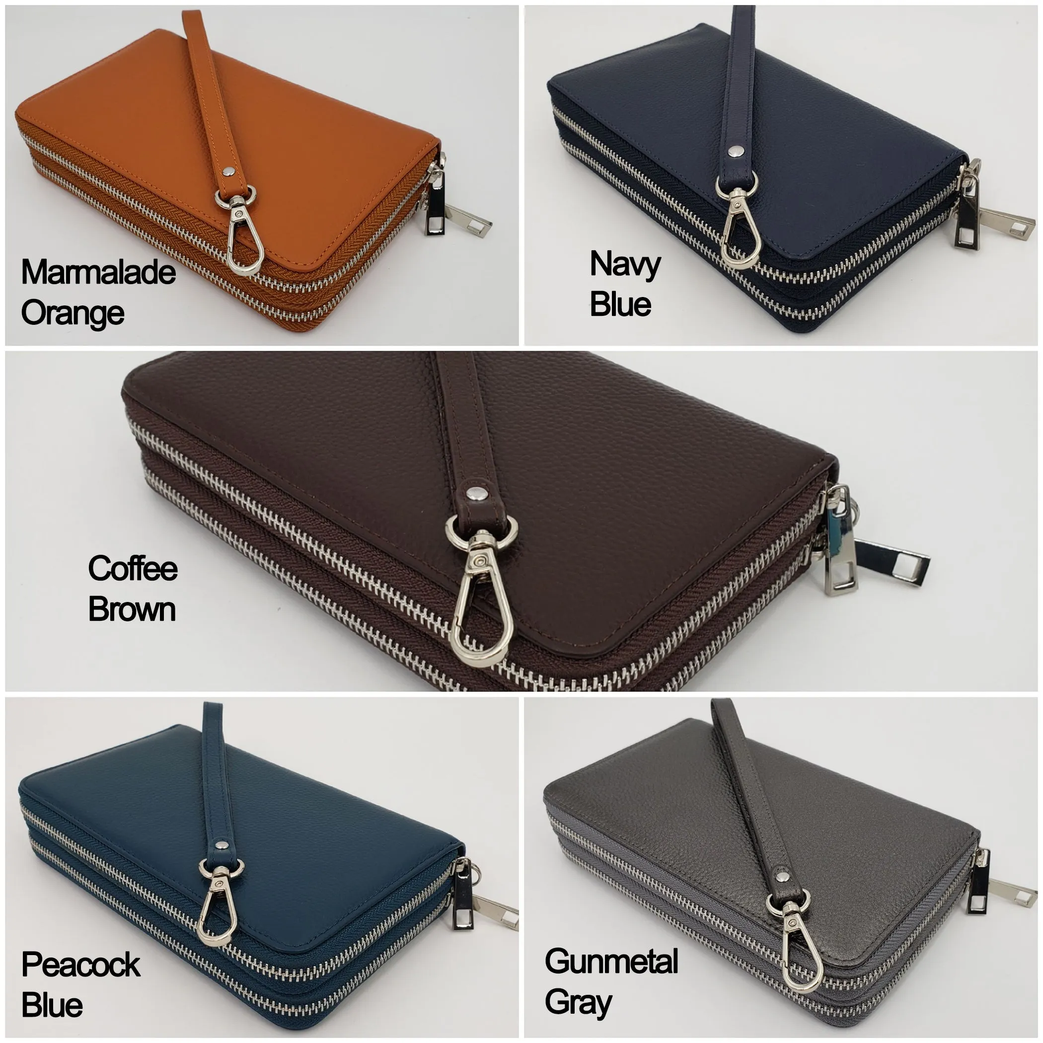 AG Wallets Women's Double Zipper Leather Large Capacity RFID Wristlet