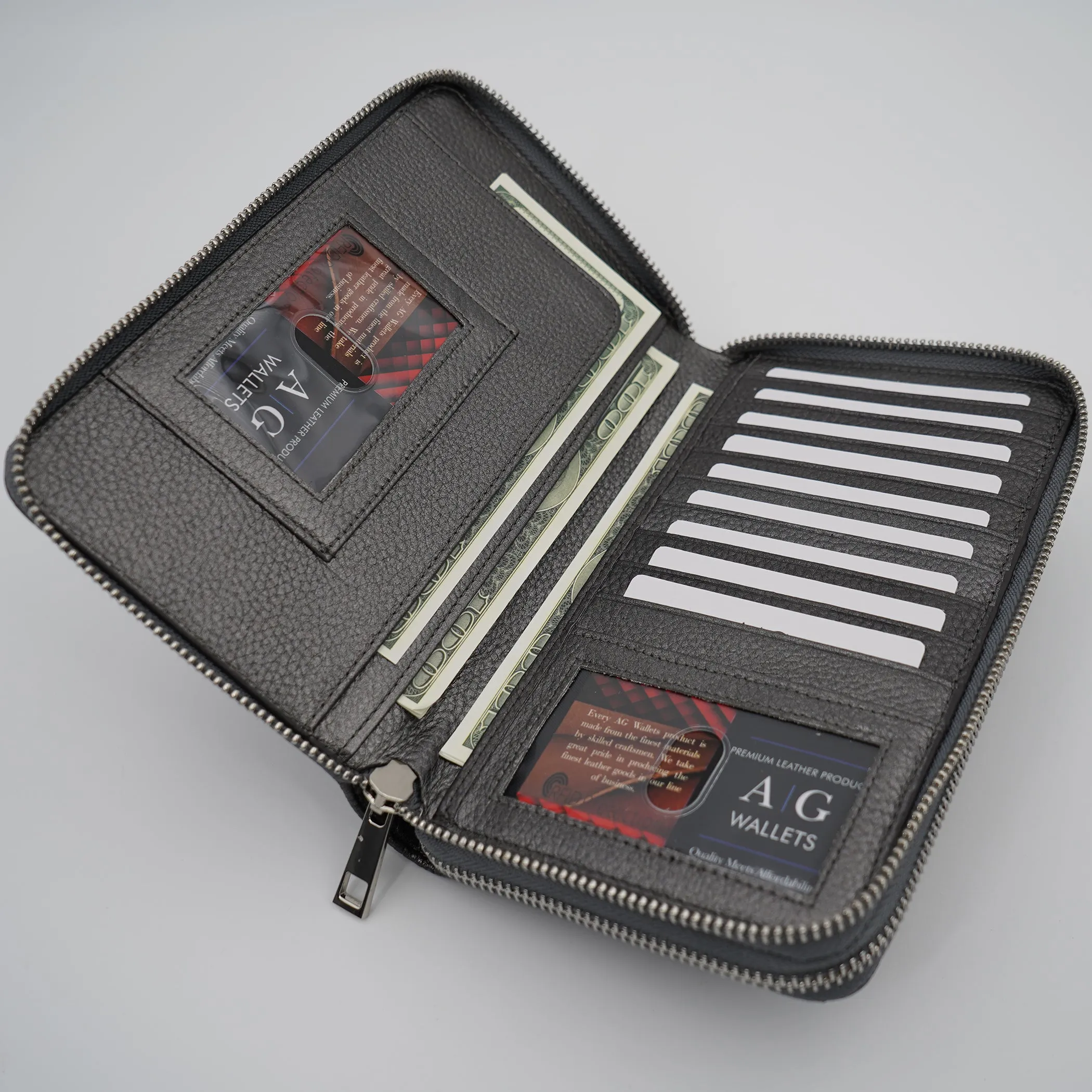 AG Wallets Women's Double Zipper Leather Large Capacity RFID Wristlet