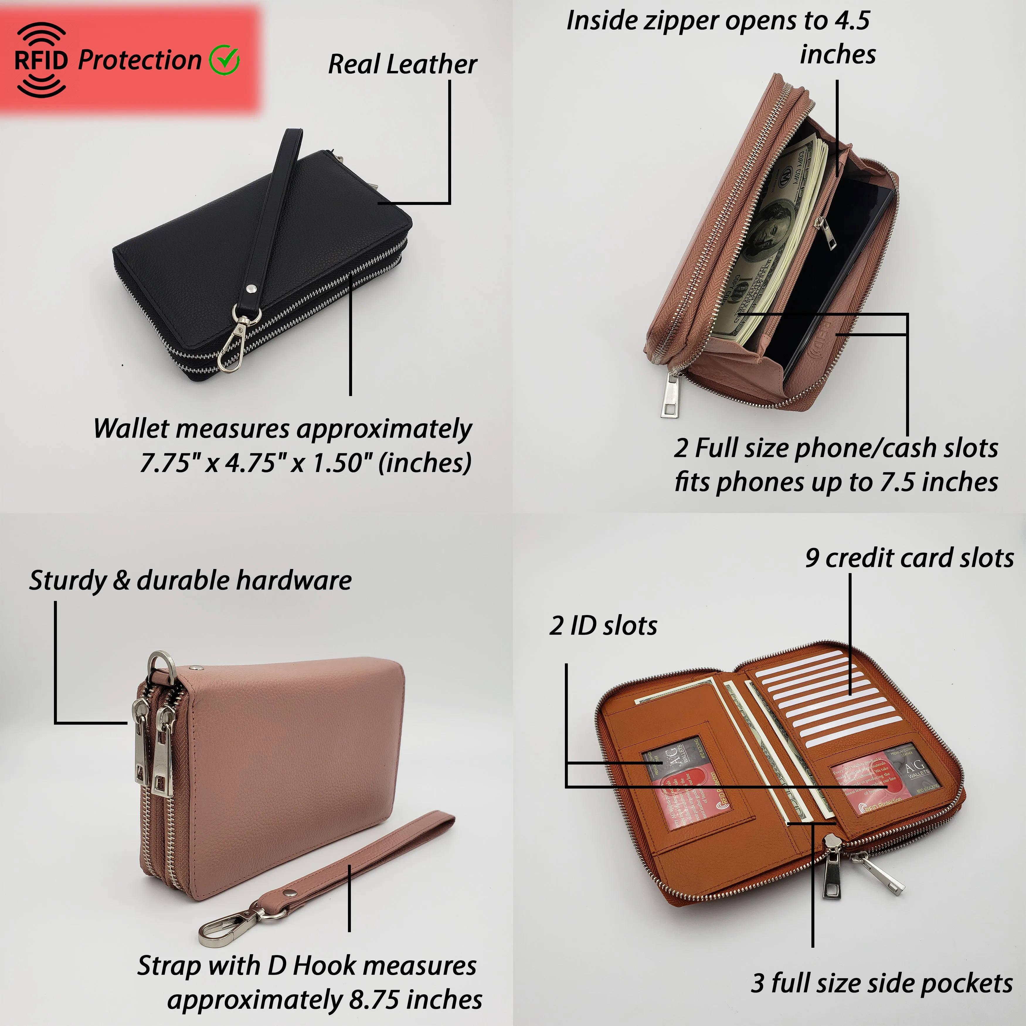 AG Wallets Women's Double Zipper Leather Large Capacity RFID Wristlet