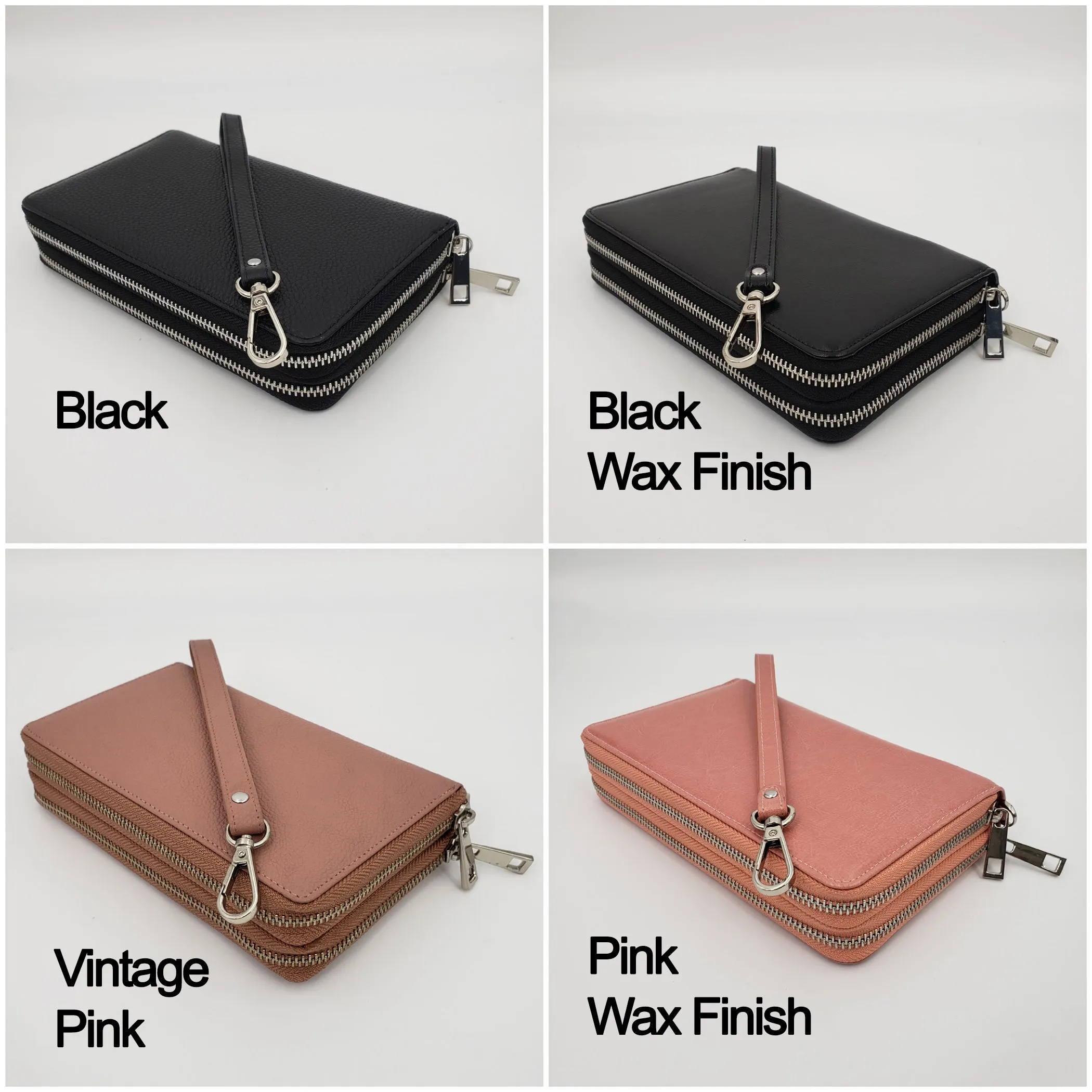 AG Wallets Women's Double Zipper Leather Large Capacity RFID Wristlet