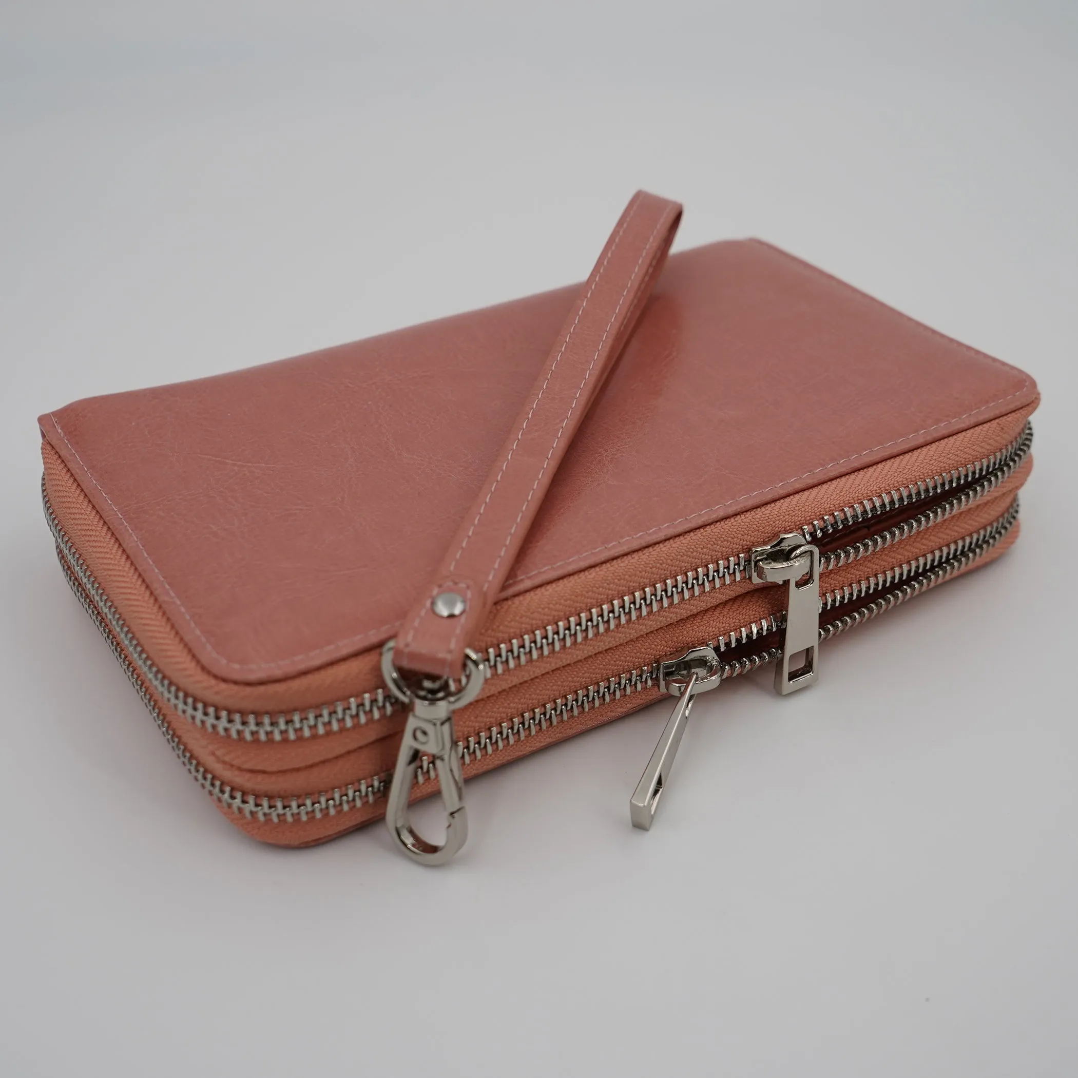 AG Wallets Women's Double Zipper Leather Large Capacity RFID Wristlet