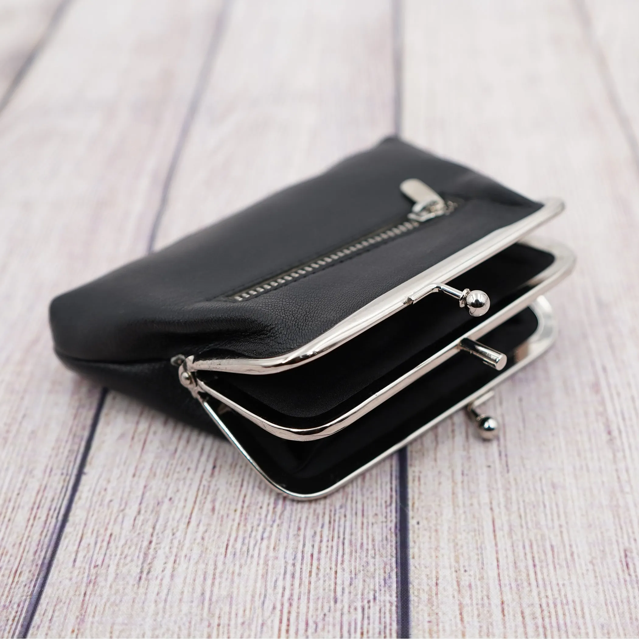 AG Wallets Women's Napa Leather Metal Frame Double Kiss Lock Coin and Change Purse, Metal Frame Coin Purse With Kiss Lock