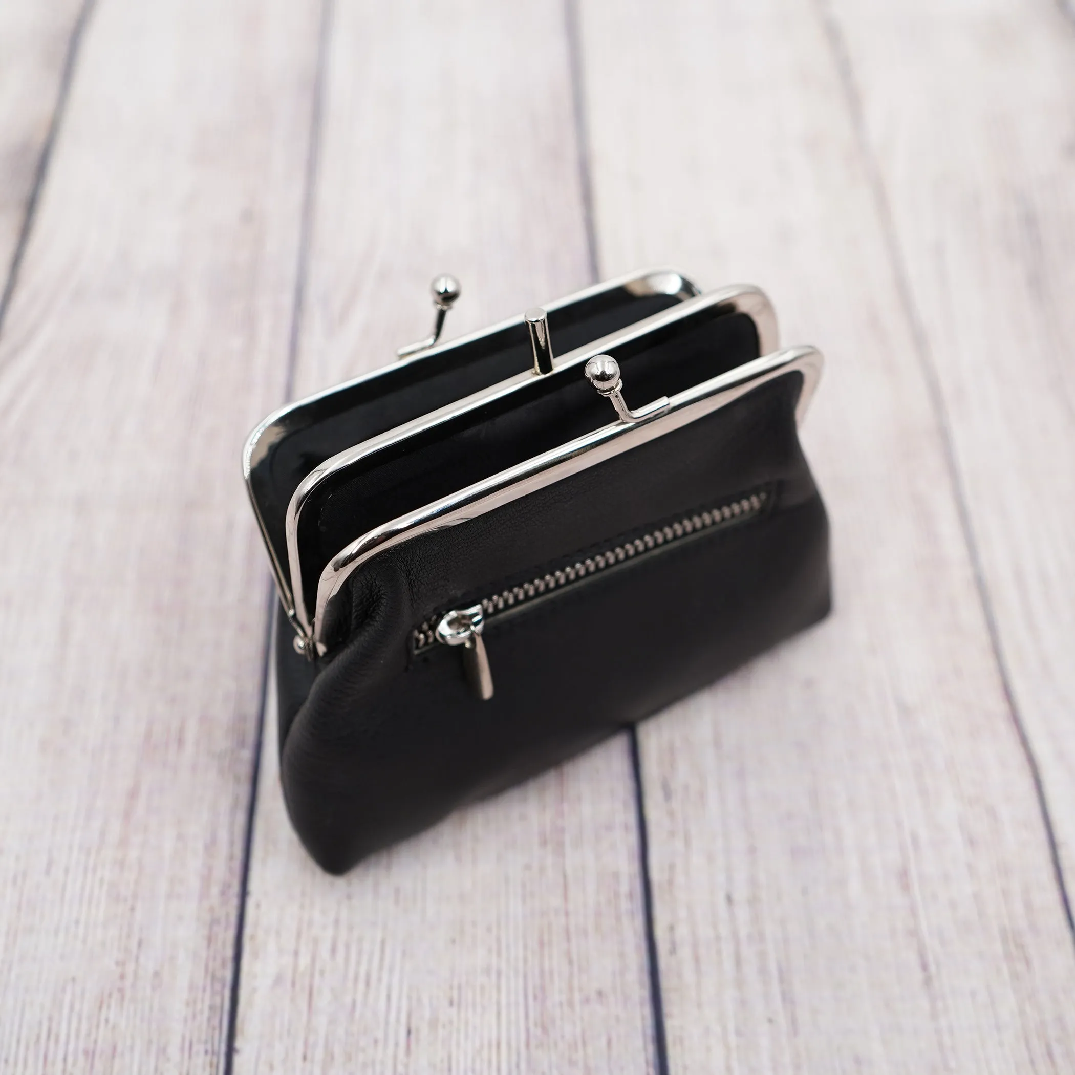 AG Wallets Women's Napa Leather Metal Frame Double Kiss Lock Coin and Change Purse, Metal Frame Coin Purse With Kiss Lock