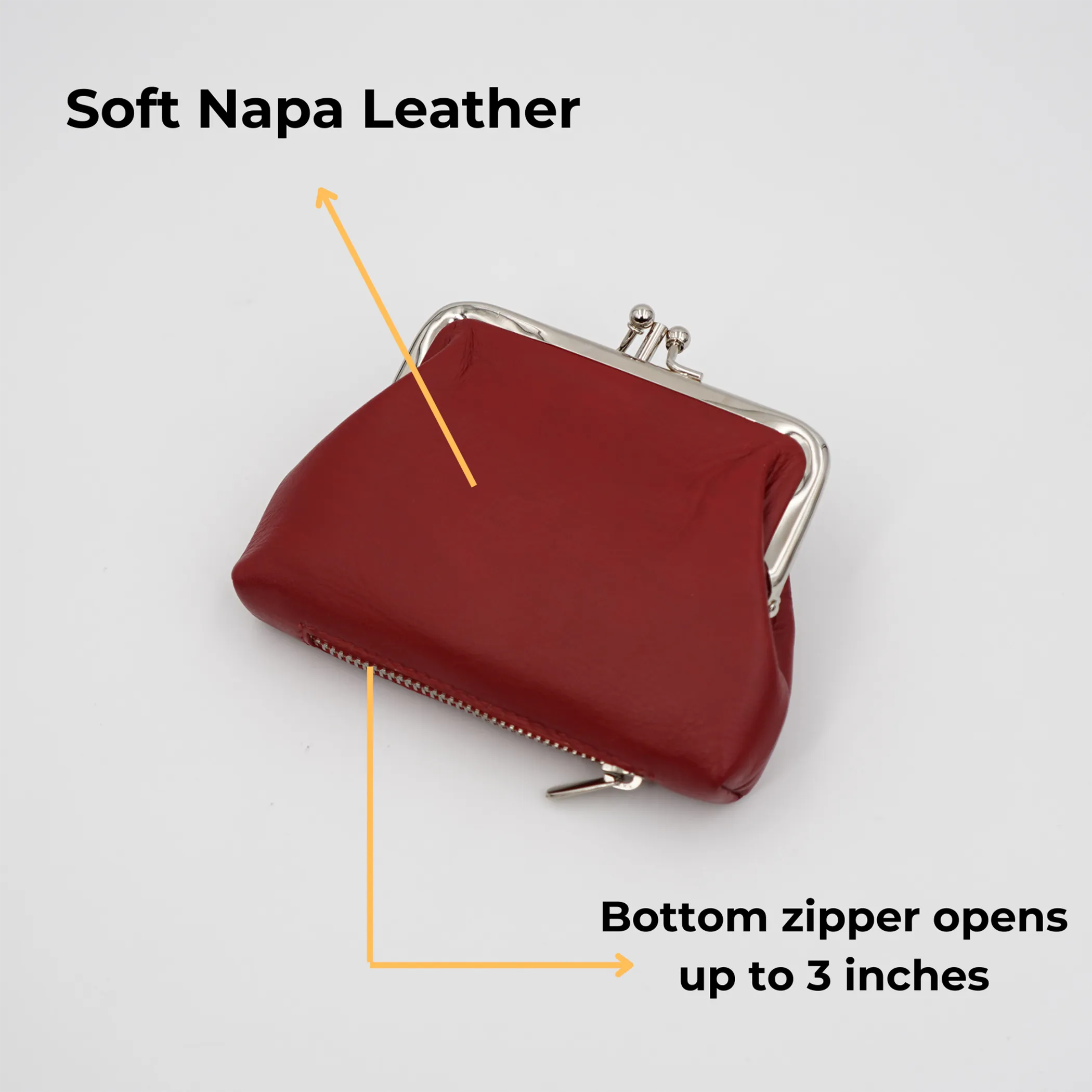 AG Wallets Women's Napa Leather Metal Frame Double Kiss Lock Coin and Change Purse, Metal Frame Coin Purse With Kiss Lock