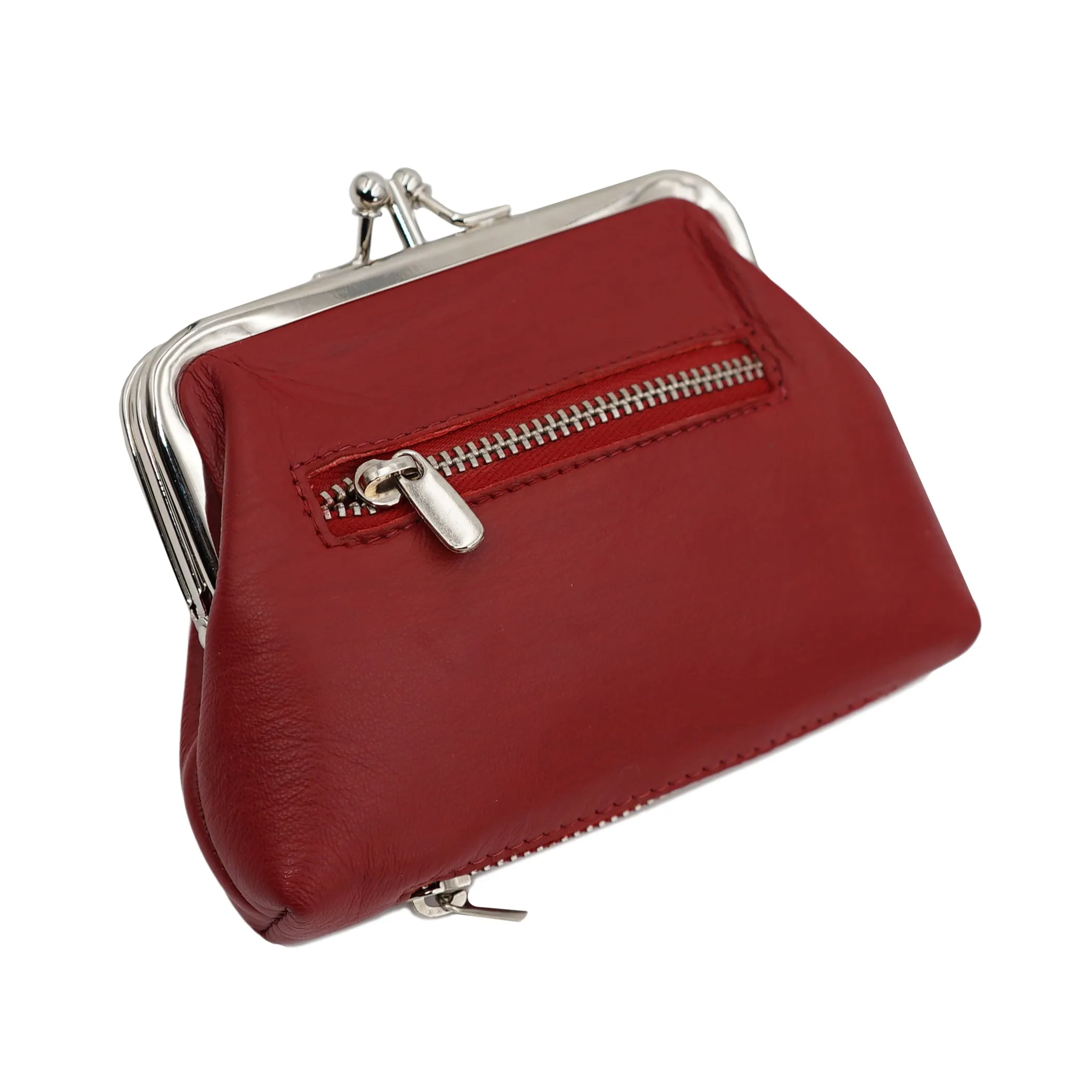 AG Wallets Women's Napa Leather Metal Frame Double Kiss Lock Coin and Change Purse, Metal Frame Coin Purse With Kiss Lock