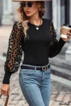 Alanie Leopard Mesh Puff Sleeve Slim Fit Top