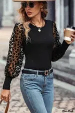Alanie Leopard Mesh Puff Sleeve Slim Fit Top