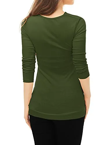 Allegra K Women's Cowl Neck Long Sleeves Buttons Decor Ruched Top XL Green
