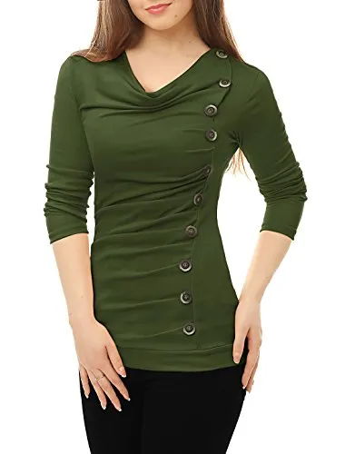 Allegra K Women's Cowl Neck Long Sleeves Buttons Decor Ruched Top XL Green