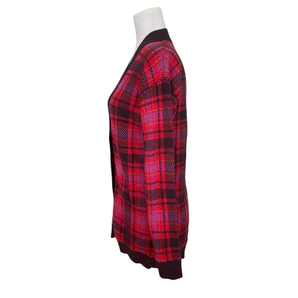 Ann Taylor Red Plaid Boyfriend Button Up V- Neck Ribbed Knit Cardigan Size XS