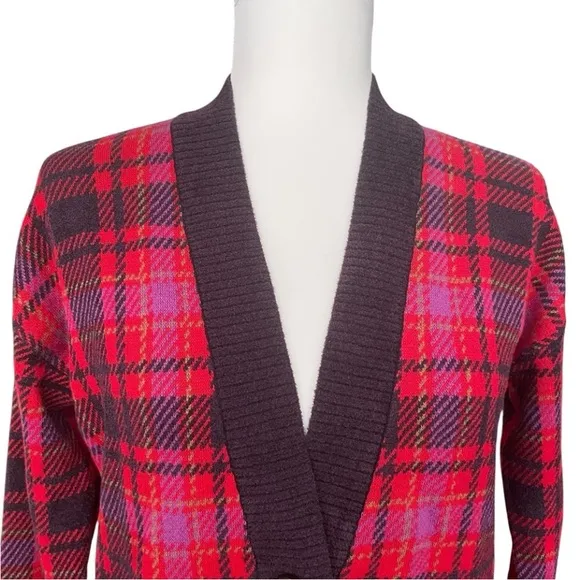 Ann Taylor Red Plaid Boyfriend Button Up V- Neck Ribbed Knit Cardigan Size XS
