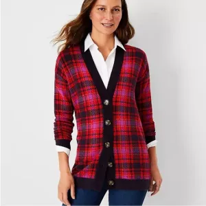 Ann Taylor Red Plaid Boyfriend Button Up V- Neck Ribbed Knit Cardigan Size XS