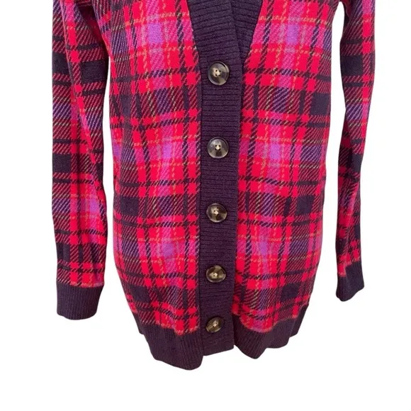 Ann Taylor Red Plaid Boyfriend Button Up V- Neck Ribbed Knit Cardigan Size XS