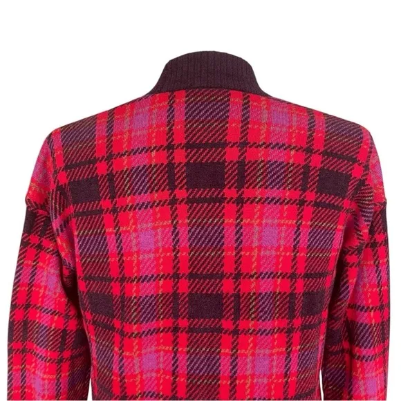Ann Taylor Red Plaid Boyfriend Button Up V- Neck Ribbed Knit Cardigan Size XS