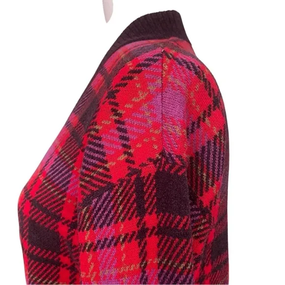 Ann Taylor Red Plaid Boyfriend Button Up V- Neck Ribbed Knit Cardigan Size XS