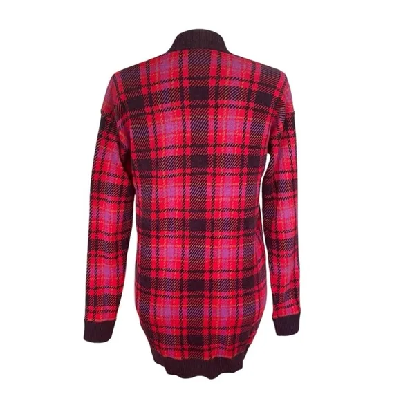 Ann Taylor Red Plaid Boyfriend Button Up V- Neck Ribbed Knit Cardigan Size XS