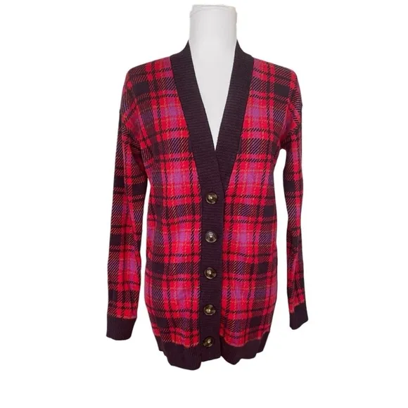 Ann Taylor Red Plaid Boyfriend Button Up V- Neck Ribbed Knit Cardigan Size XS