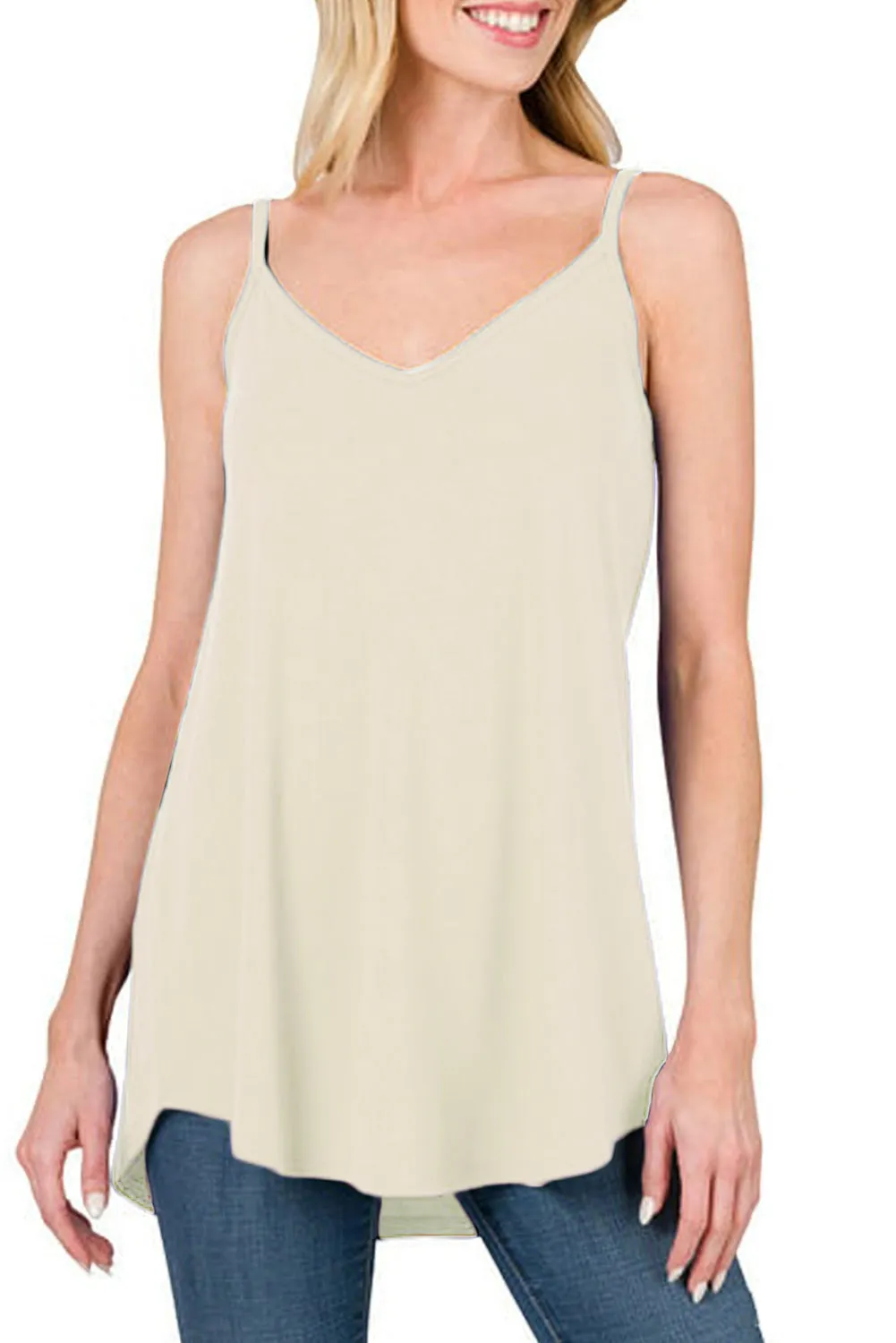 Apricot Spaghetti Strap V-Neck Flowy Tunic Tank Top