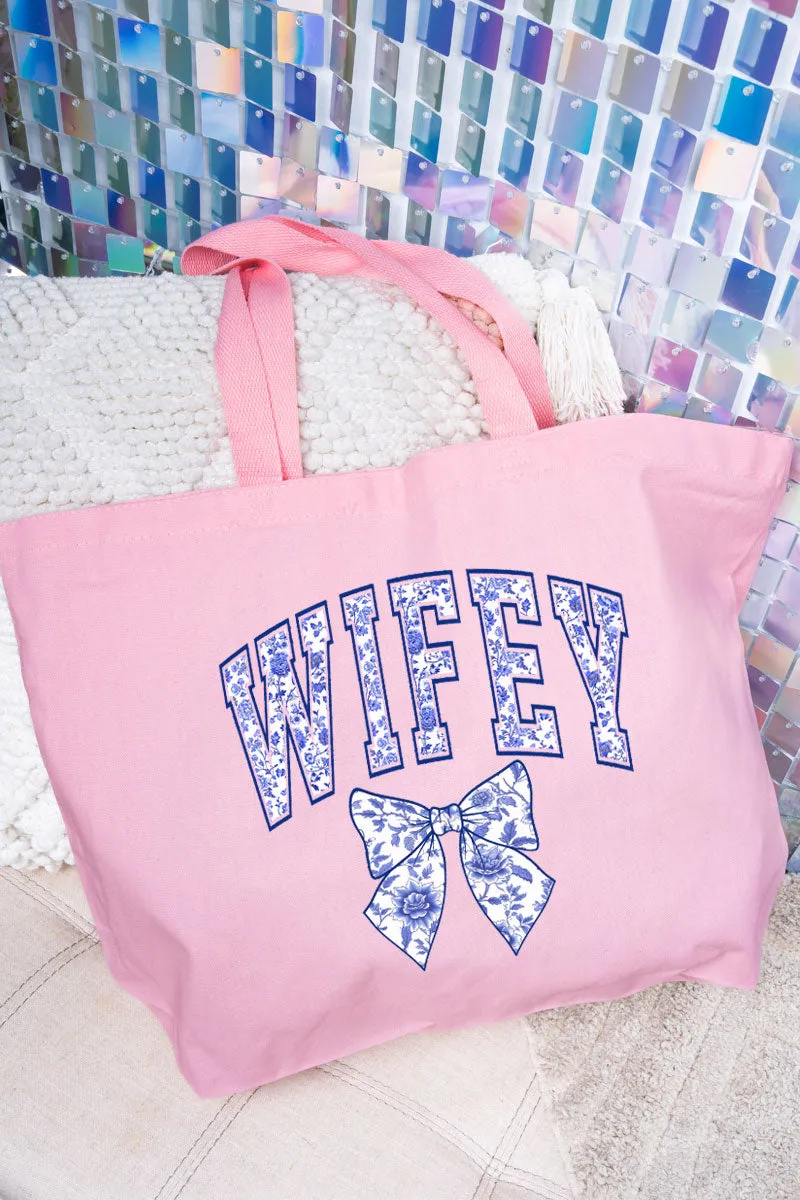 Arched Wifey Blue Chinoiserie Canvas Jumbo Tote