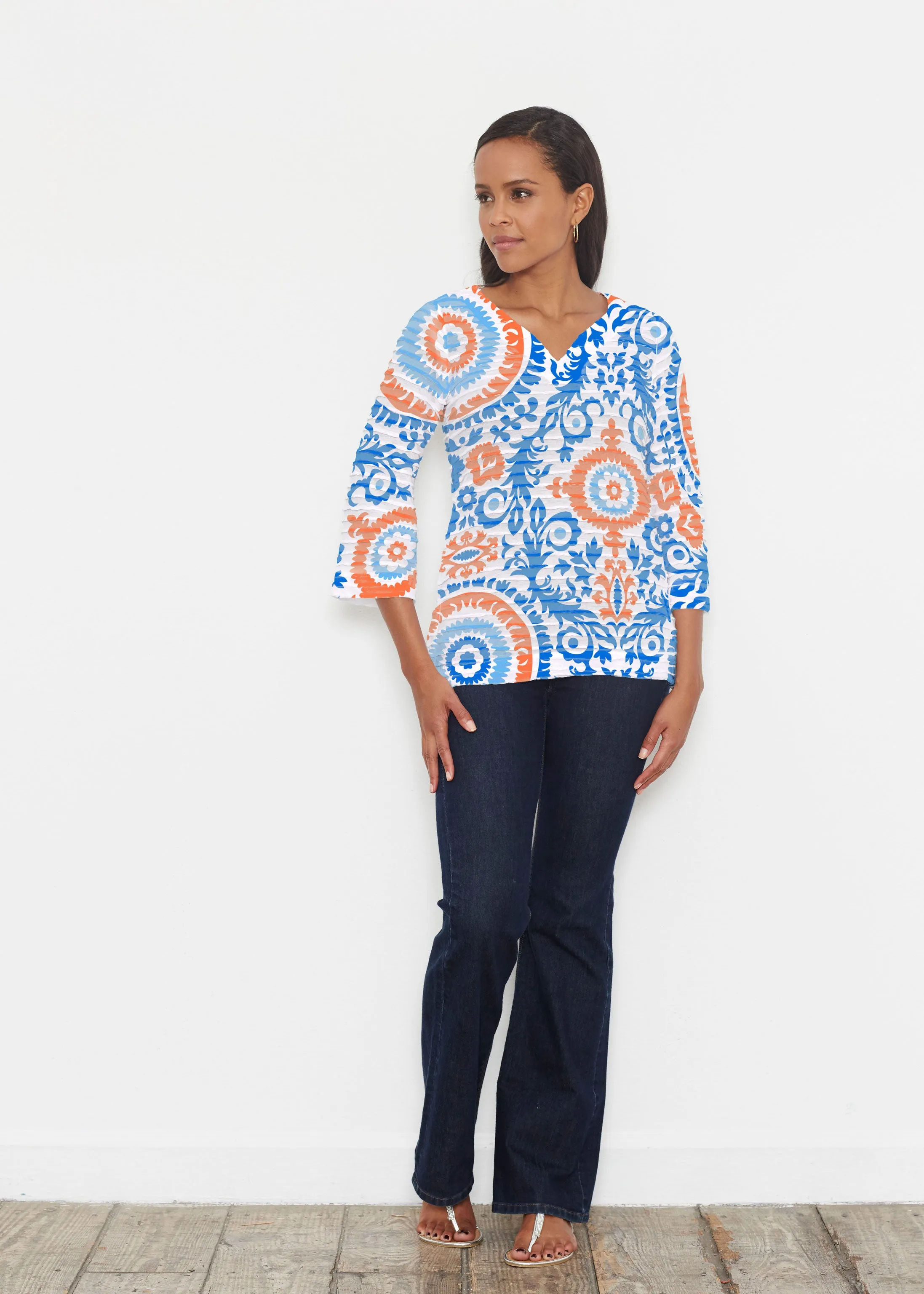 Archery Navy (14208) ~ Banded 3/4 Bell-Sleeve V-Neck Tunic