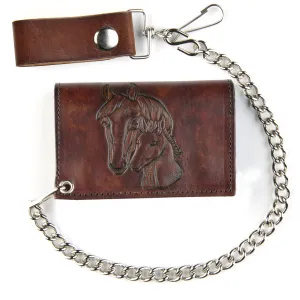 AT322-196  Antique Finish Tri-Fold Wallet w/ Chain- Horses