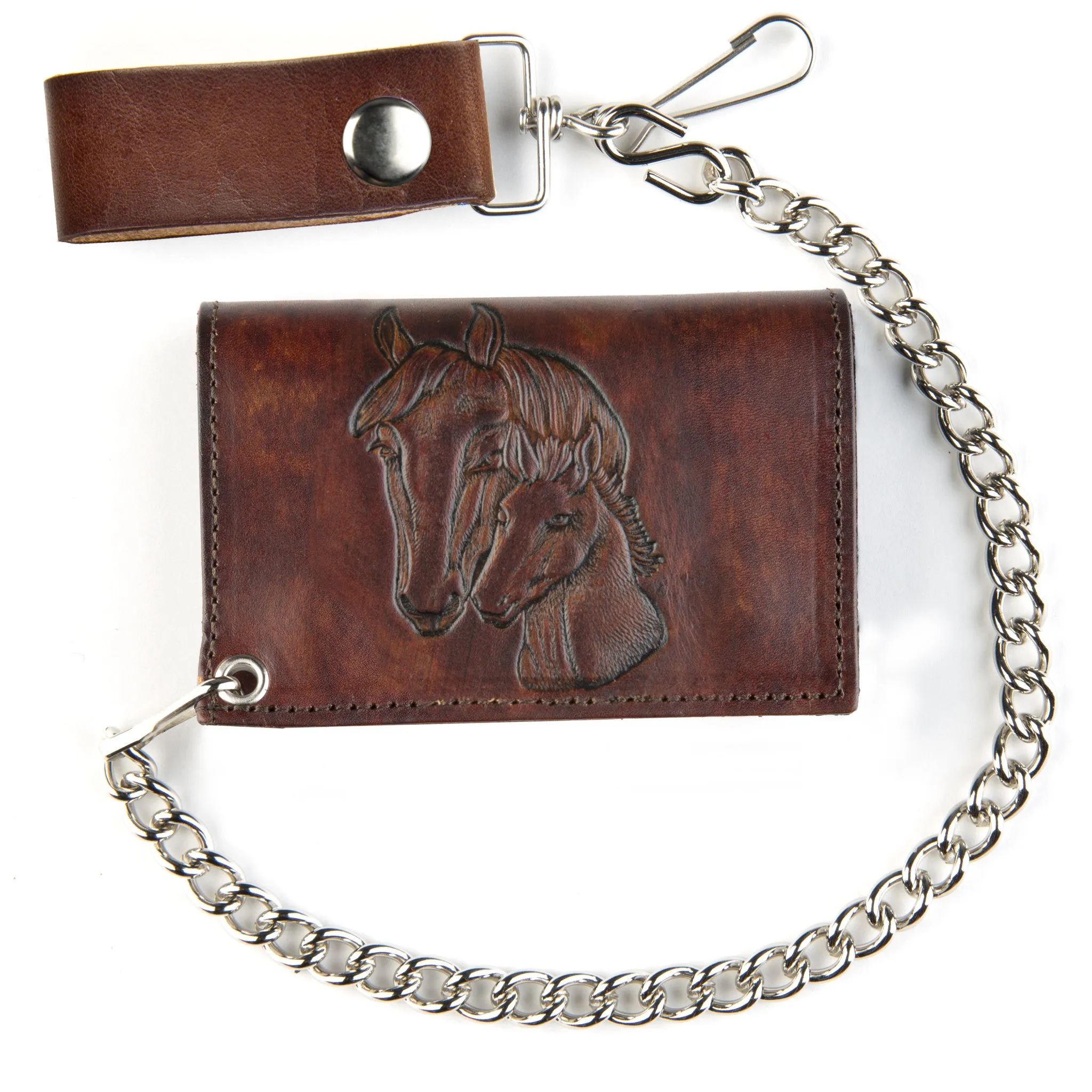 AT322-196  Antique Finish Tri-Fold Wallet w/ Chain- Horses