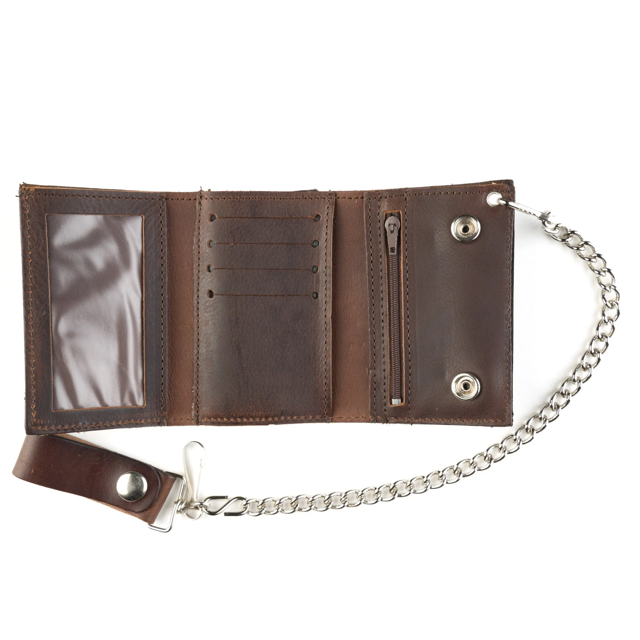 AT322-25  Antique Finish Tri-Fold Wallet w/ Chain- Keep on Trucking