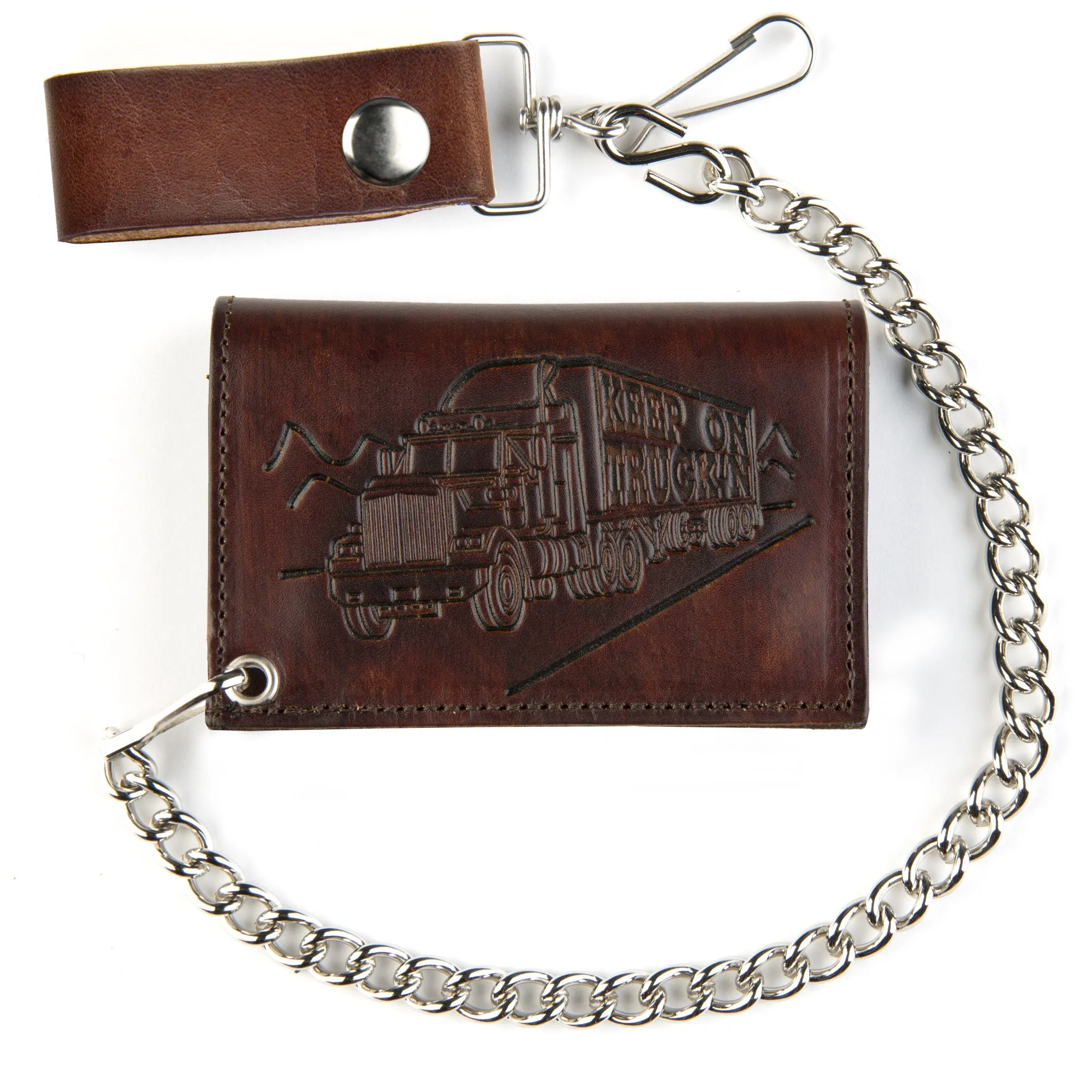 AT322-25  Antique Finish Tri-Fold Wallet w/ Chain- Keep on Trucking