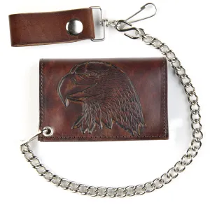 AT322-40  Antique Finish Tri-Fold Wallet w/ Chain- Large Eagle Head
