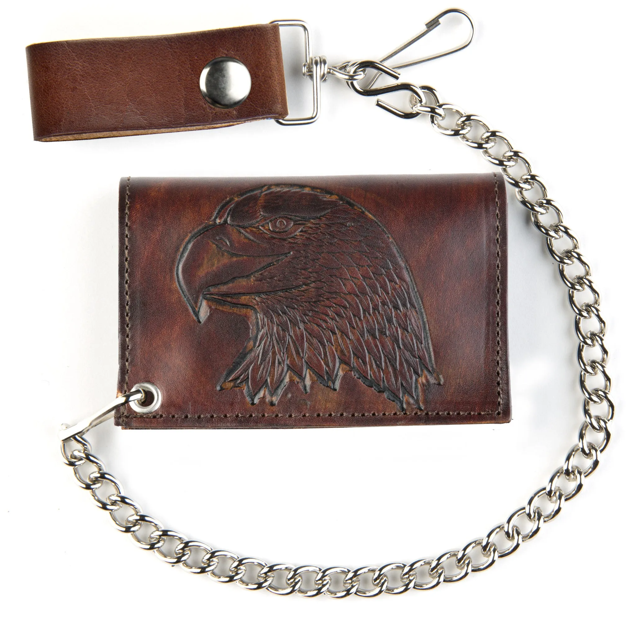 AT322-40  Antique Finish Tri-Fold Wallet w/ Chain- Large Eagle Head