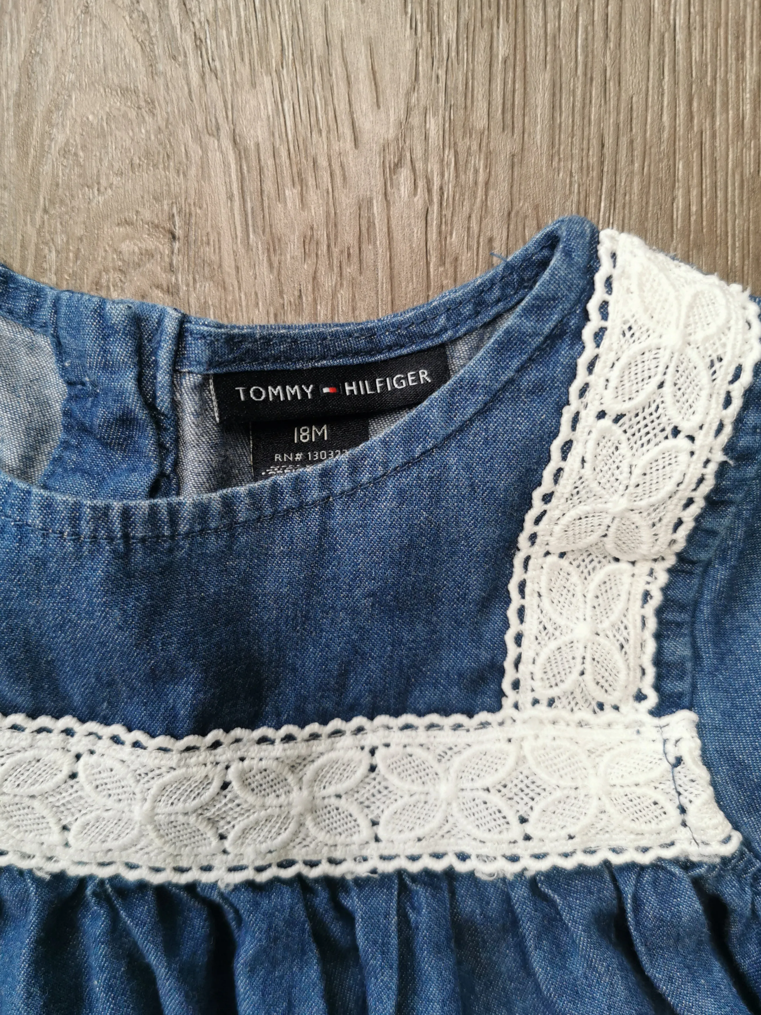 BABY GIRL SIZE 18 MONTHS - TOMMY HILFIGER, Soft Denim Lace, Boho Dress Top EUC B32
