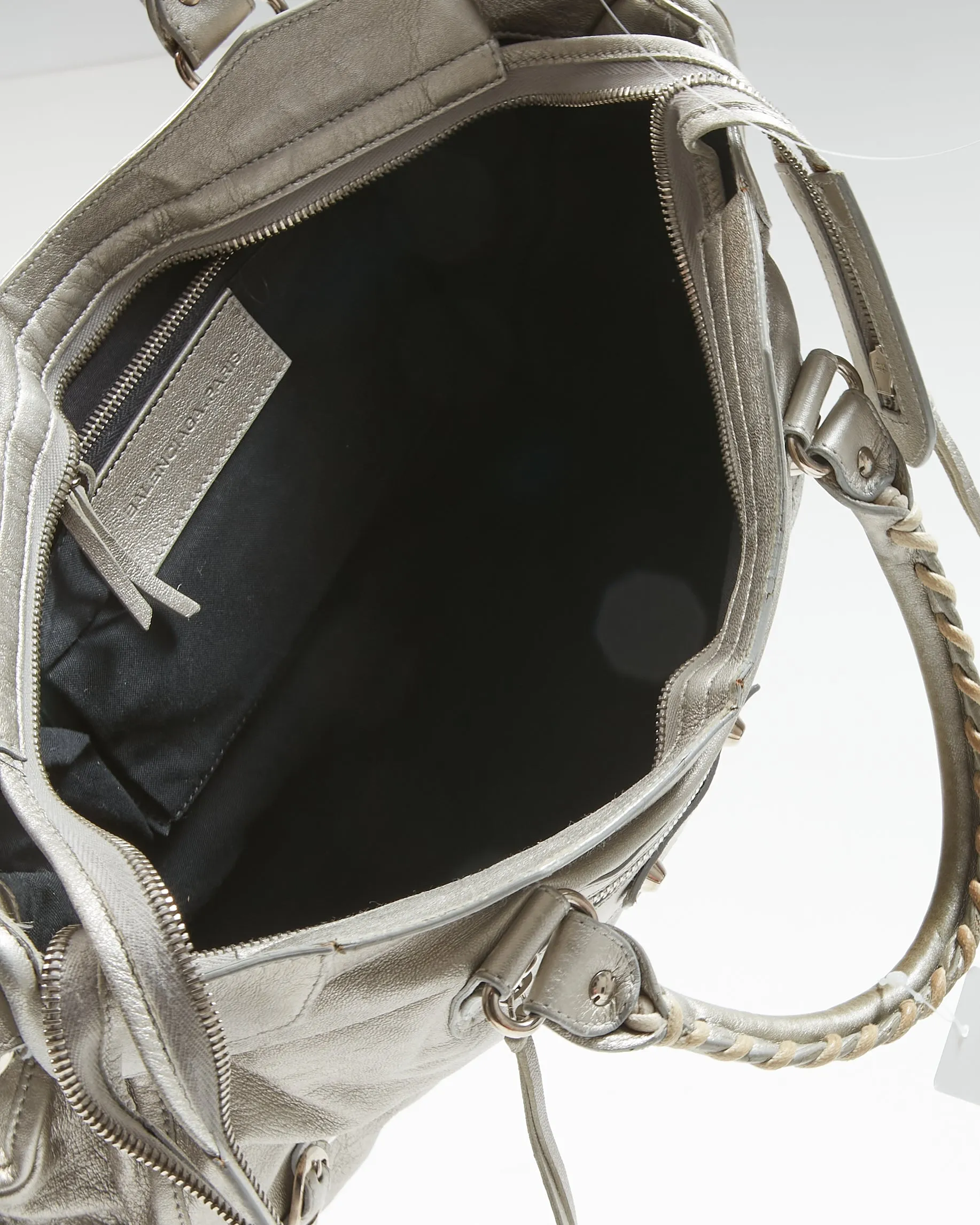 Balenciaga Metallic Silver Leather Motocross Classic City Bag