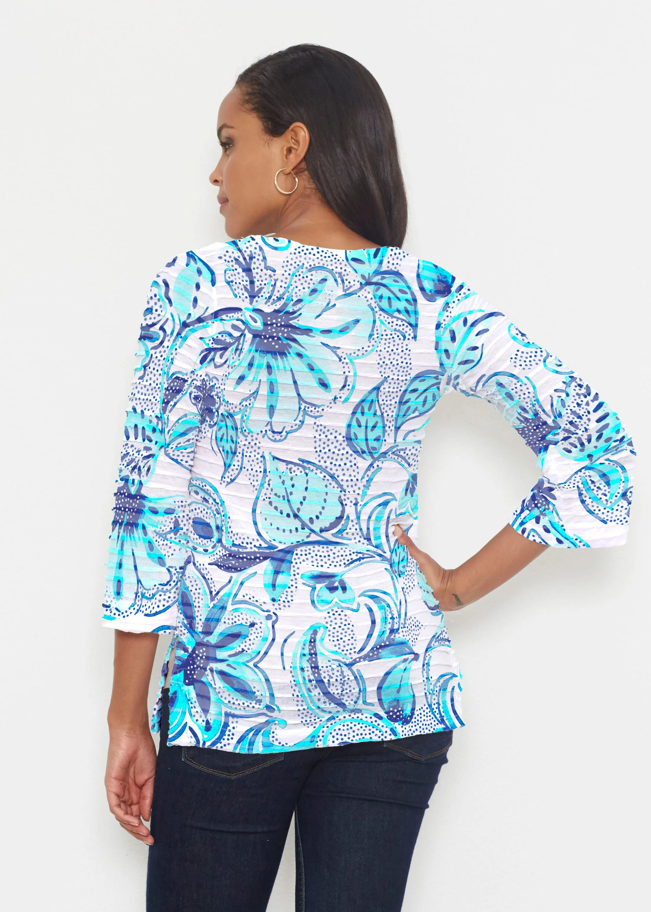 Baltic Watercolor Aqua (7696) ~ Banded 3/4 Bell-Sleeve V-Neck Tunic
