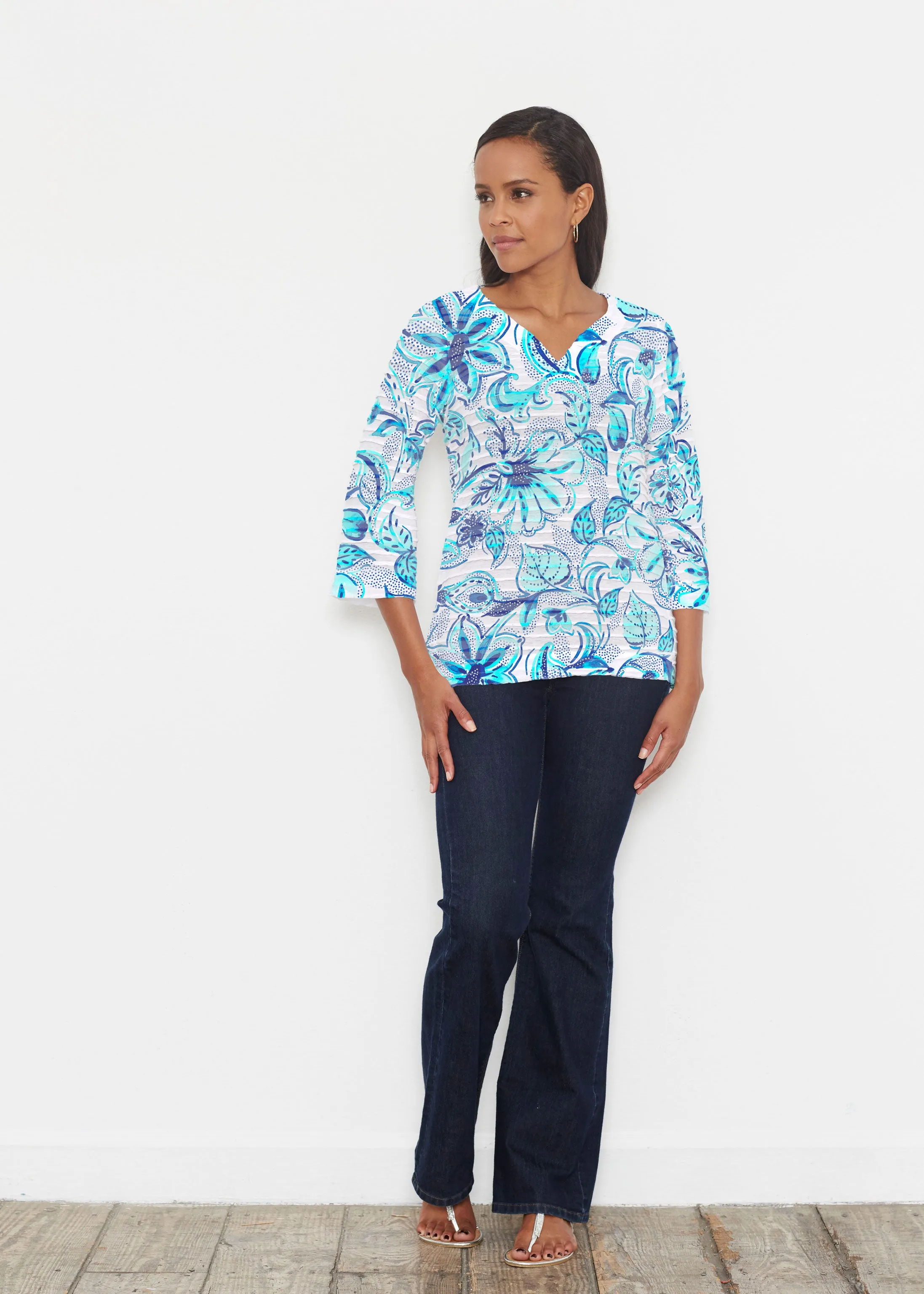 Baltic Watercolor Aqua (7696) ~ Banded 3/4 Bell-Sleeve V-Neck Tunic